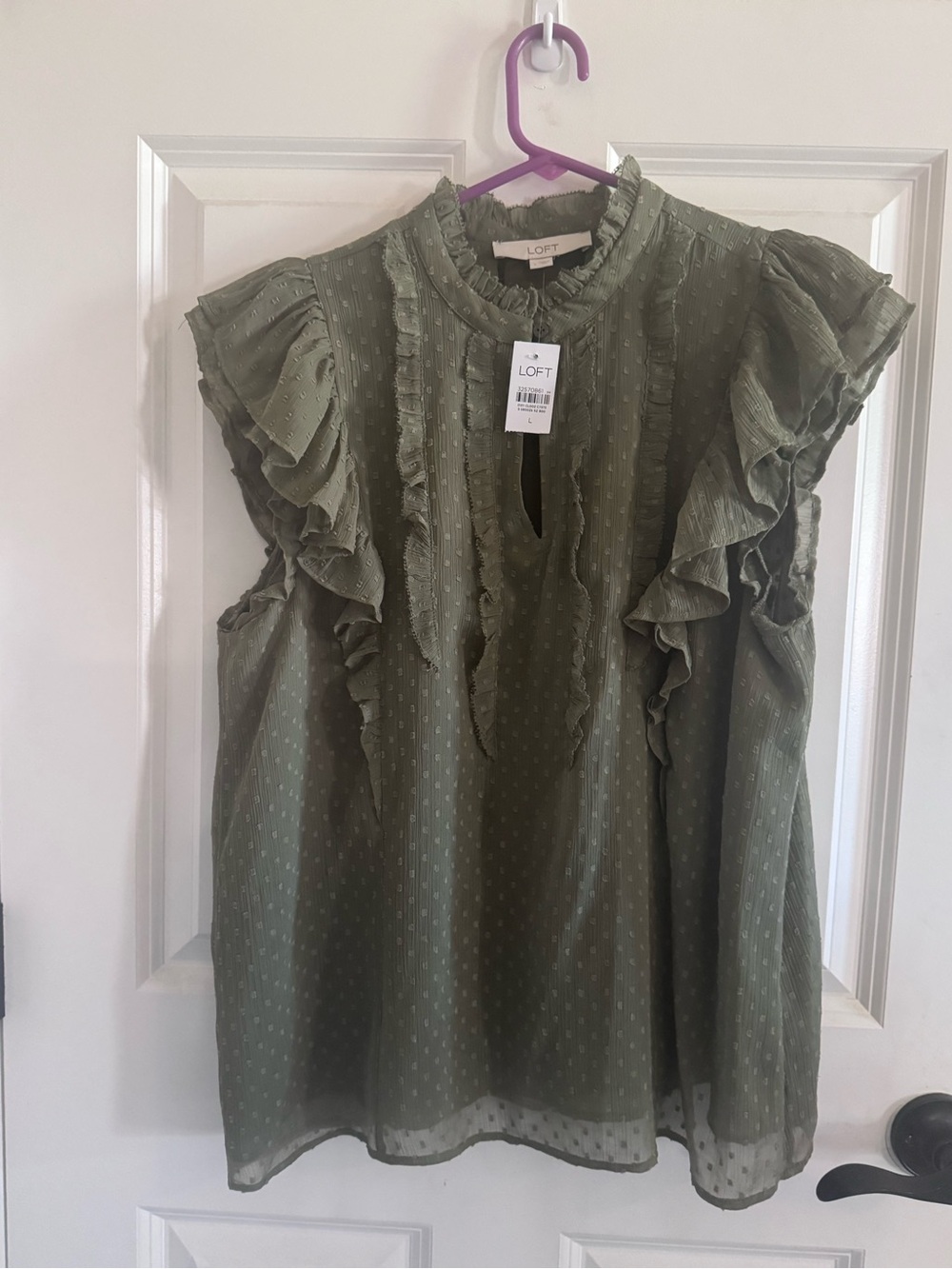 LOFT Olive Ruffle Sleeve Swiss Dot Blouse